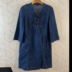 J Jill Denim Denim Shift Dress Size Small Stretch “A1”Pockets V Neck